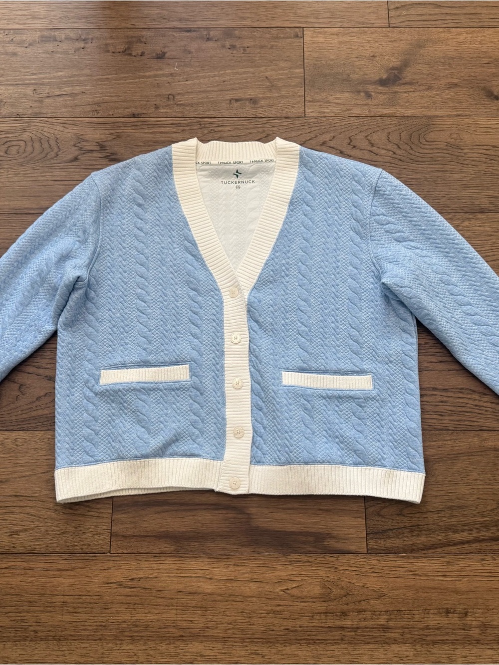 Tuckernuck Light Blue Cable Knit Cardigan with Cream Trim